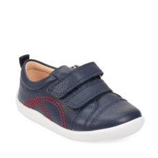 A boys casual shoe by Start Rite,style Tree House, in Navy leather with double velcro fastening. Angled view.