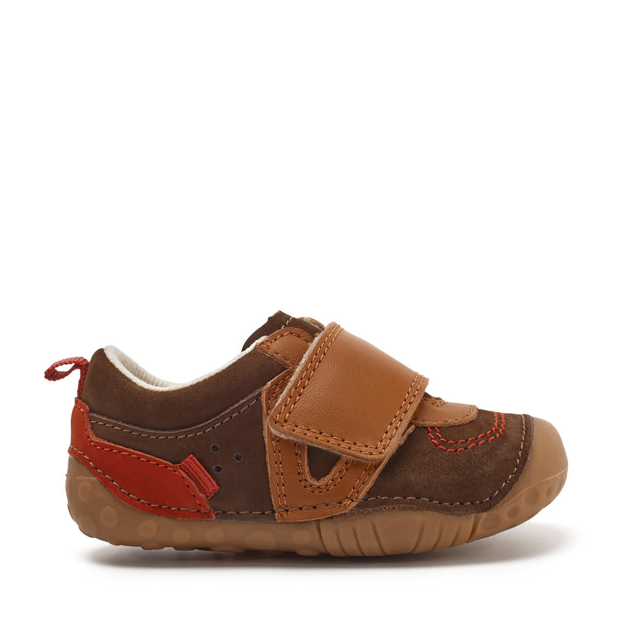 A boys pre walker by Start Rite,style Shuffle, in Brown Nubuck and Tan leather with single velcro fastening. Right side view.