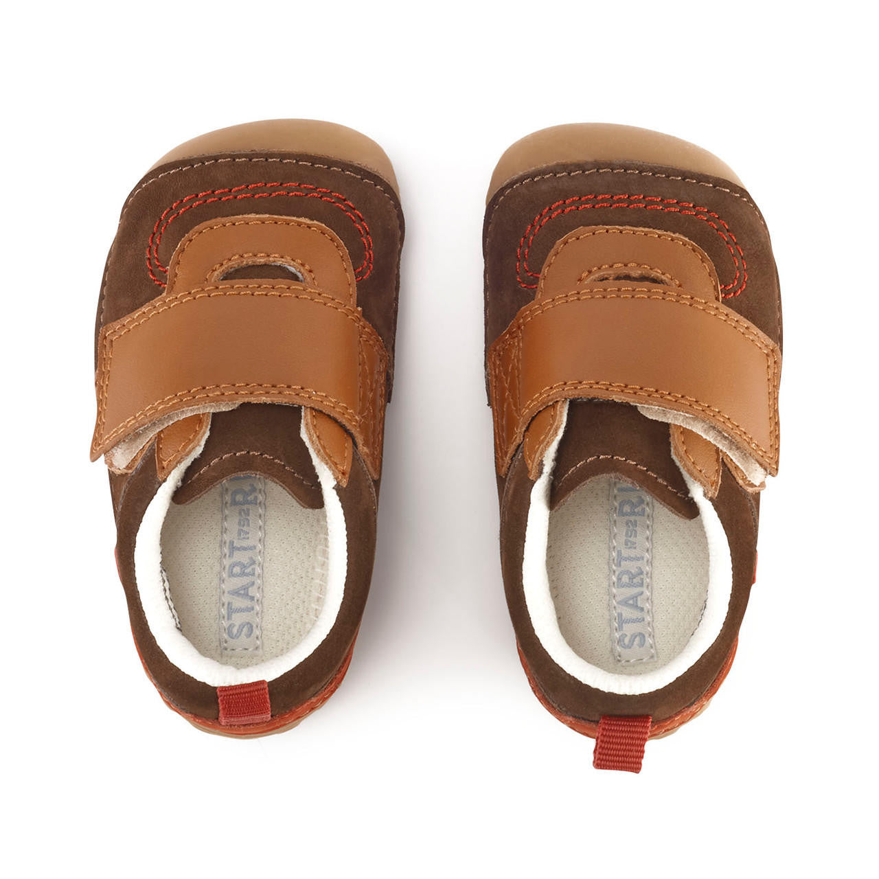 A boys pre walker by Start Rite,style Shuffle, in Brown Nubuck and Tan leather with single velcro fastening. Above view.