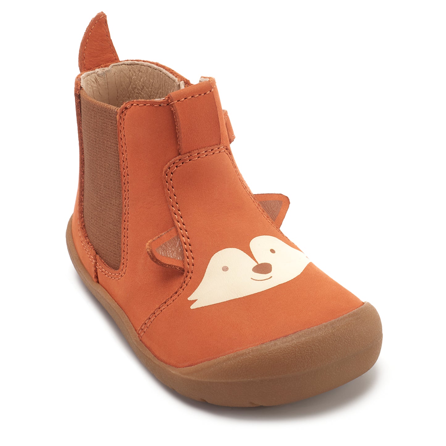 A unisex ankle boot by Start Rite and JoJo Maman Bebe, style Friend,in Rust nubuck and fox face, with zip fastening. Angled view.
