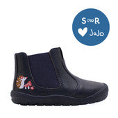 A Start-Rite + JoJo Maman Bebé girls chelsea boot in navy leather. Style is Friend with side zip fastening , right side view.
