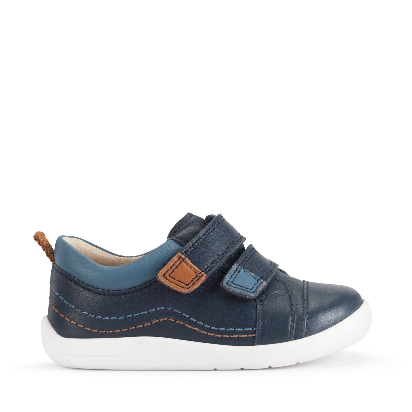 A boys shoe by Start-Rite, style Clubhouse, in navy leather with double velcro fastening. Right side view.