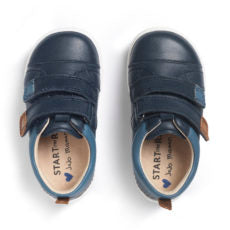A boys shoe by Start-Rite, style Clubhouse, in navy leather with double velcro fastening. Above view of a pair.