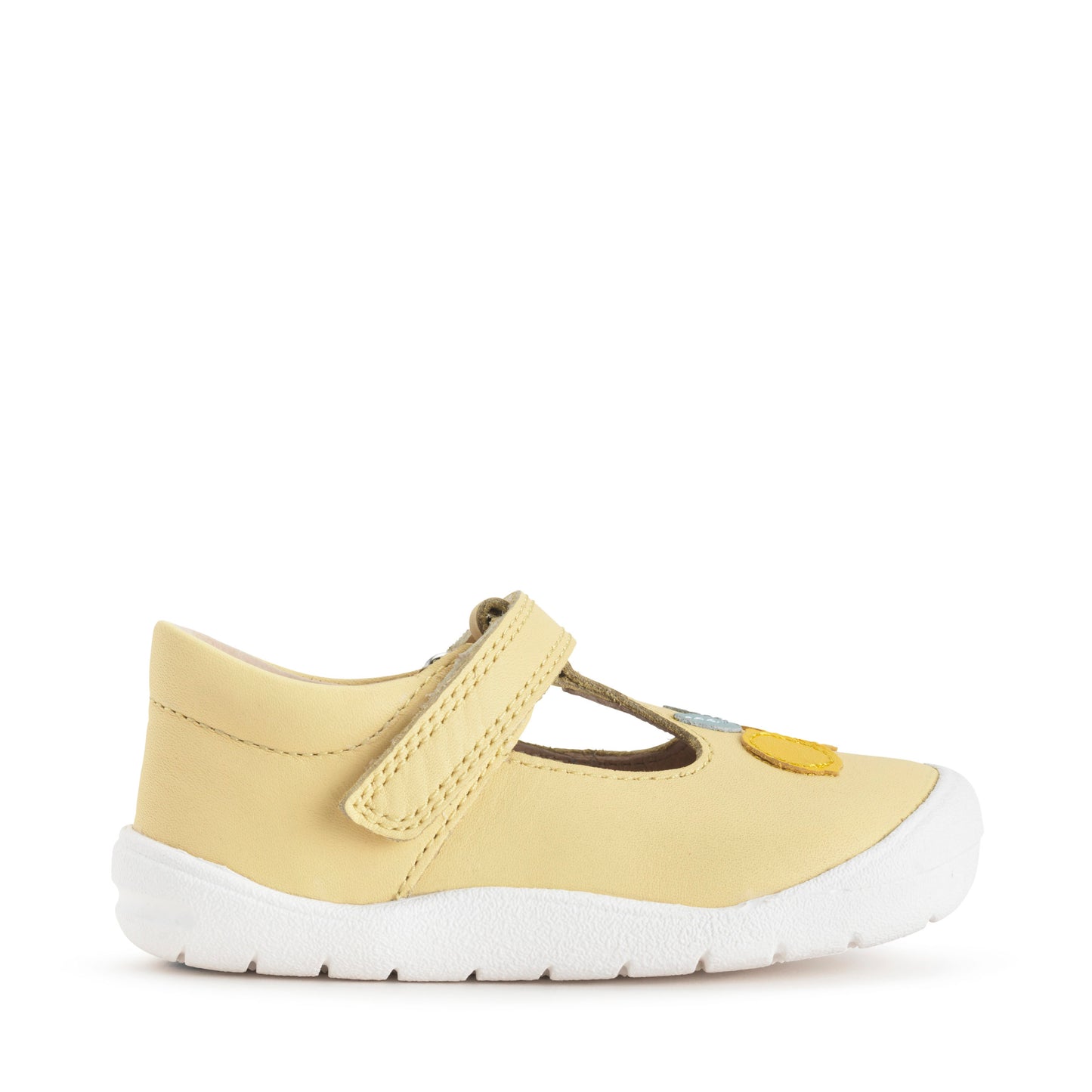 A girls T-Bar shoe by Start Rite + JoJo Maman Bebe ,style Squeeze, in lemon yellow leather with velcro fastening. Right side view.