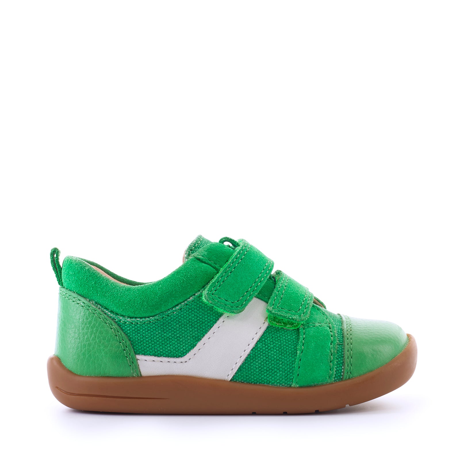 A boys casual shoe by Start Rite, style Maze, in green and white with double velcro fastening. Right side view.
