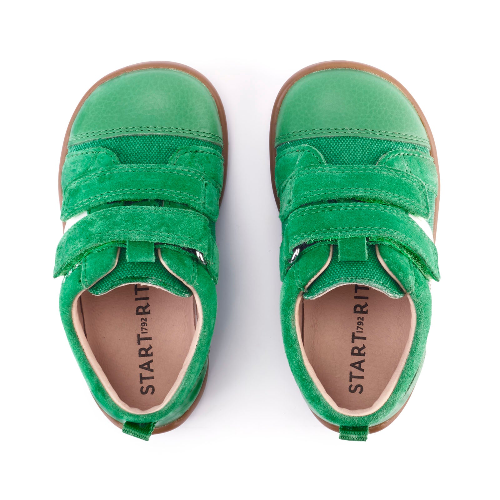 A pair of boys casual shoes by Start Rite, style Maze, in green and white with double velcro fastening. Above view.