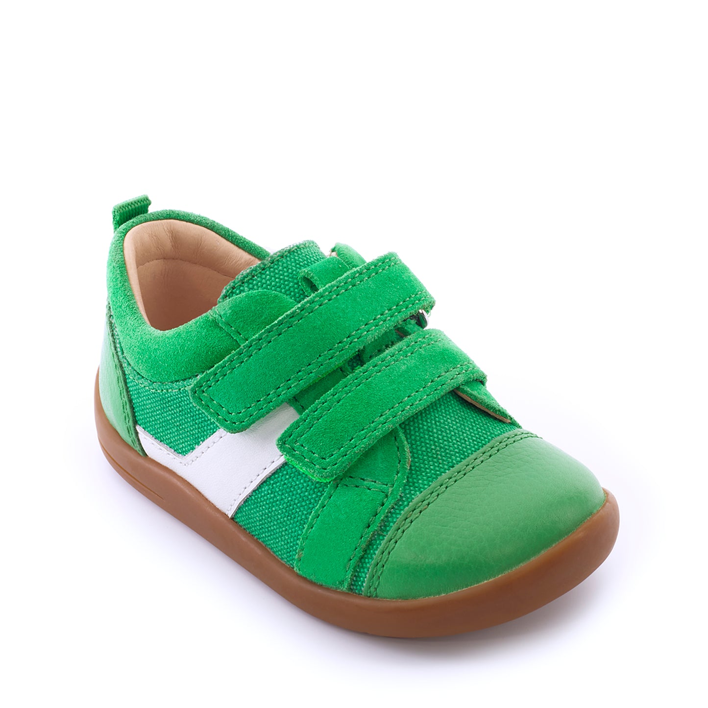 A boys casual shoe by Start Rite, style Maze, in green and white with double velcro fastening. Right side view. Angled view.