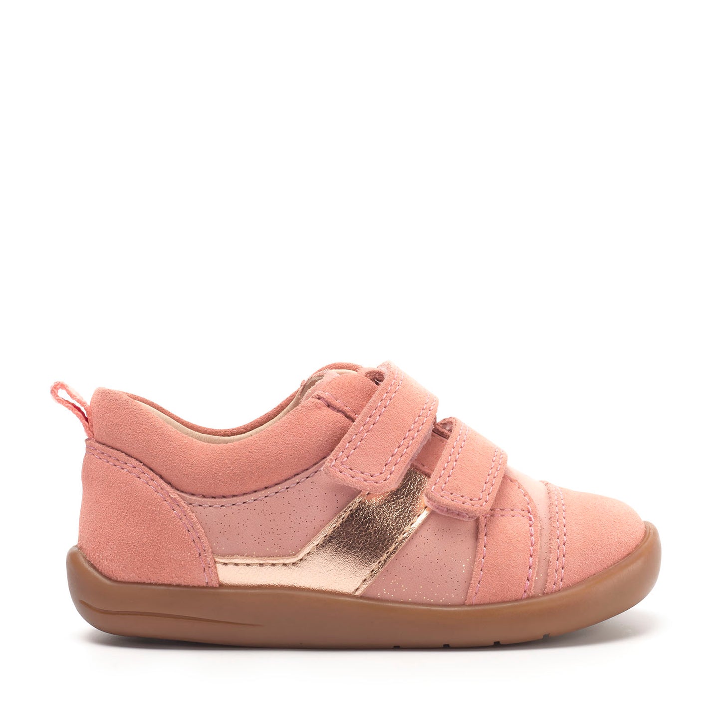 A girls casual shoe by Start Rite, style Maze, in pink and gold with double velcro fastening. Right side view.