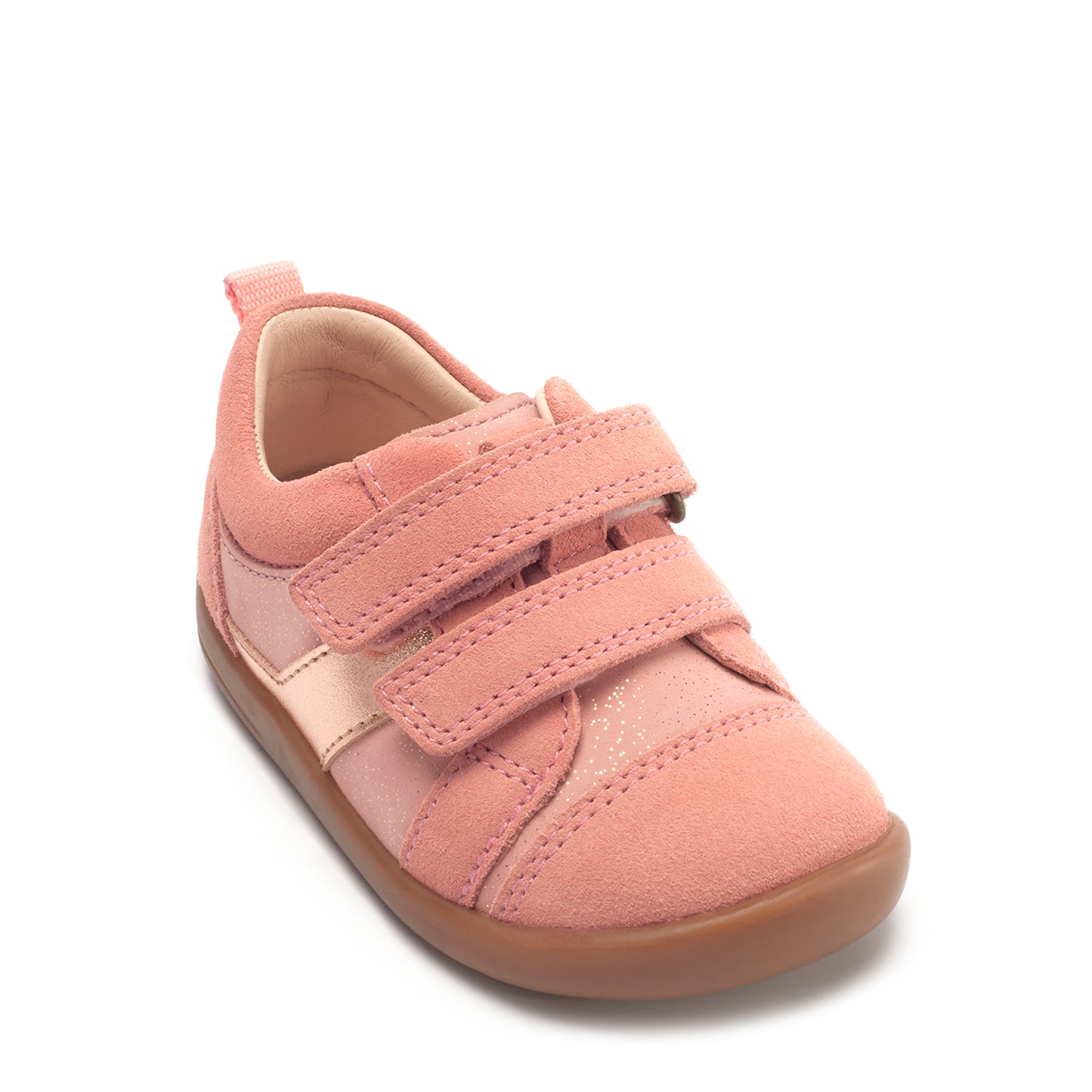 A girls casual shoe by Start Rite, style Maze, in pink and gold with double velcro fastening. Angled view.