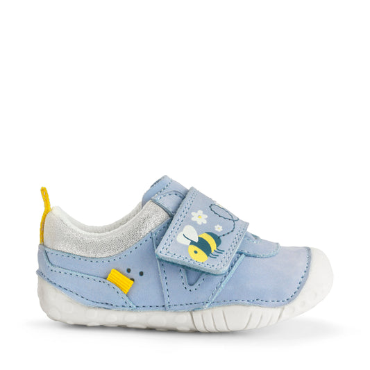 A girls pre walker by Start Rite,style Little Mate, in pale blue with bee motif and velcro fastening. Right side view.