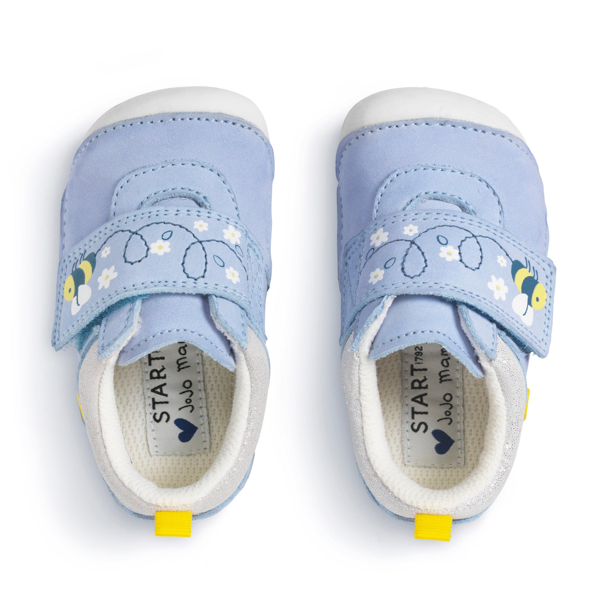 A girls pre walker by Start Rite, style Little Mate,in pale blue with bee motif and velcro fastening. Above view.