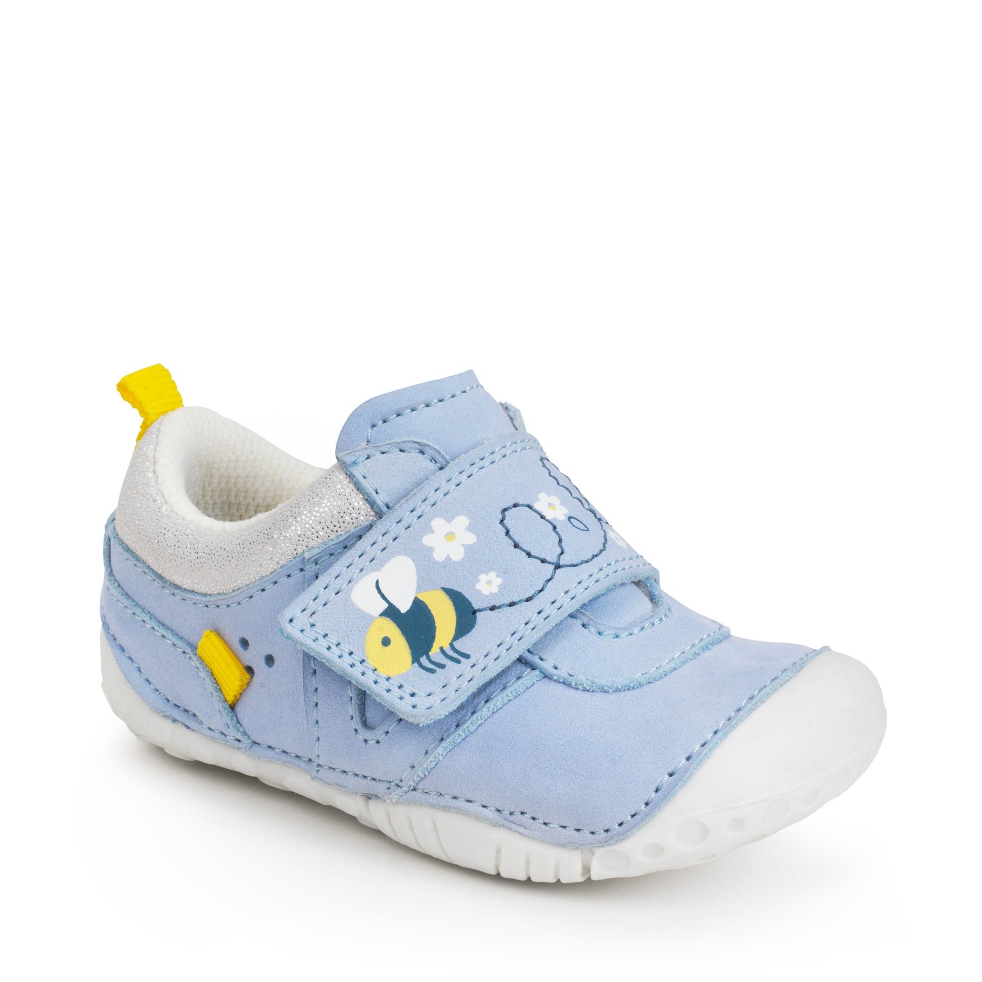 A girls pre walker by Start Rite, style Little Mate,in pale blue with bee motif and velcro fastening. Angled view