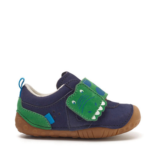 A boys pre walker by Start Rite and JoJo Maman Bebé collaboration ,style Companion,in Navy multi with dinosaur velcro fastening. Right side view.