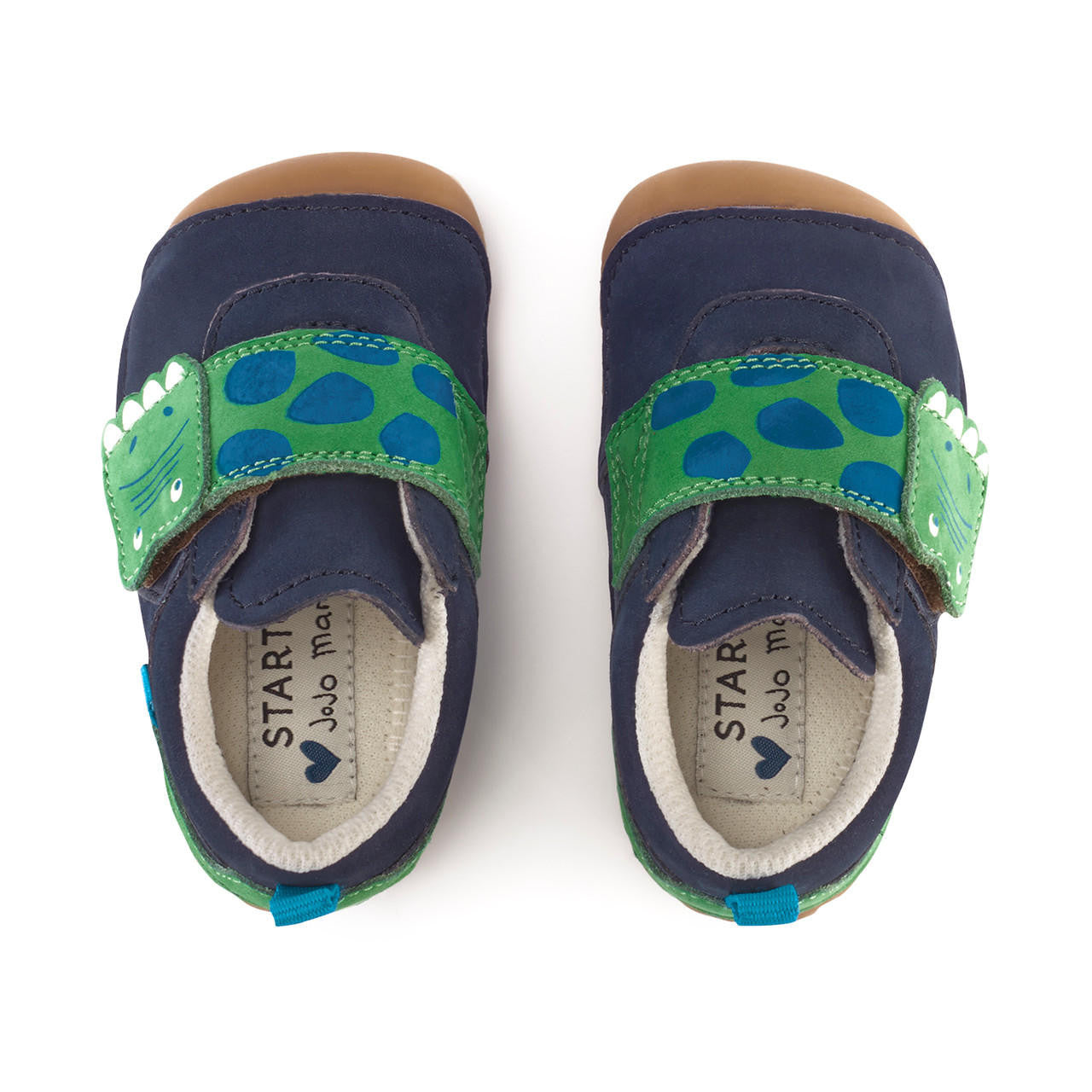 A pair of boys pre walkers by Start Rite and JoJo Maman Bebé collaboration ,style Companion,in Navy multi with dinosaur velcro fastening. View from above.