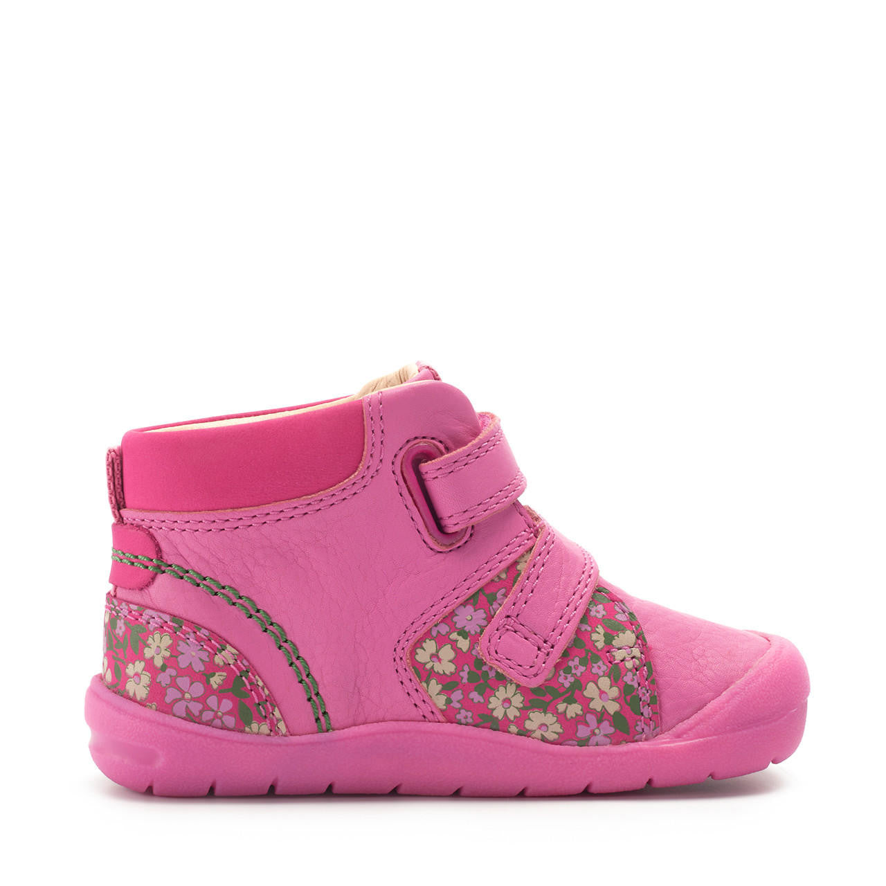 A girls boot by Start Rite and JoJo Maman Bebé collaboration, style Play Date  in Pink Leather and Floral Nubuck, with double velcro fastening and padded ankle. Left view.