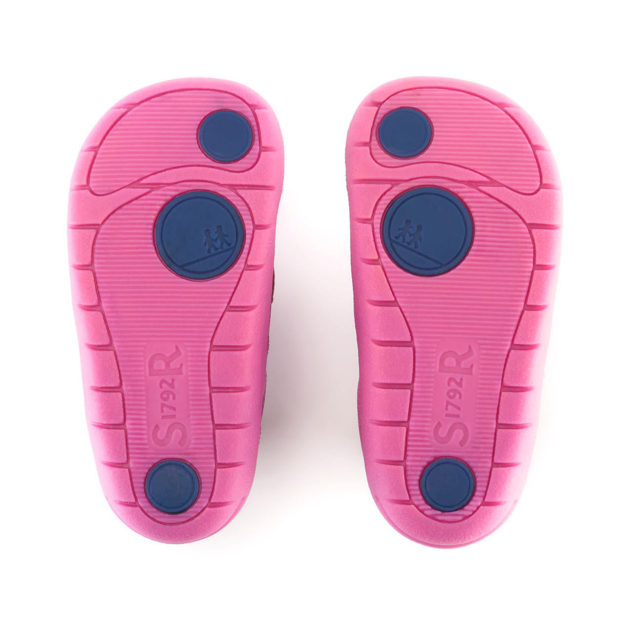 A girls boot by Start Rite and JoJo Maman Bebé collaboration, style Play Date  in Pink Leather and Floral Nubuck, with double velcro fastening and padded ankle. Bottom view of pair showing pink sole.