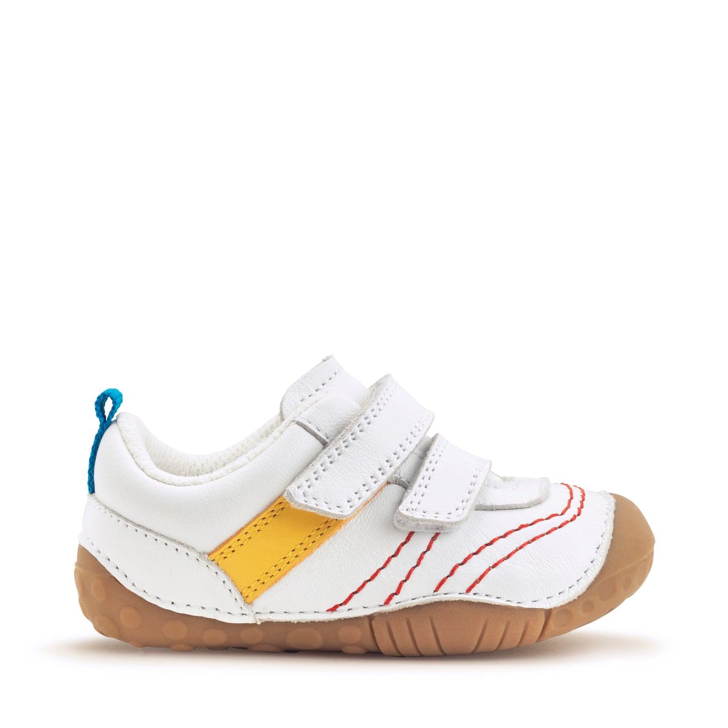 A boys pre-walker by Start-Rite, style Little Smile, white leather with yellow strip and red stitch detail, double velcro fastening. Right side view.