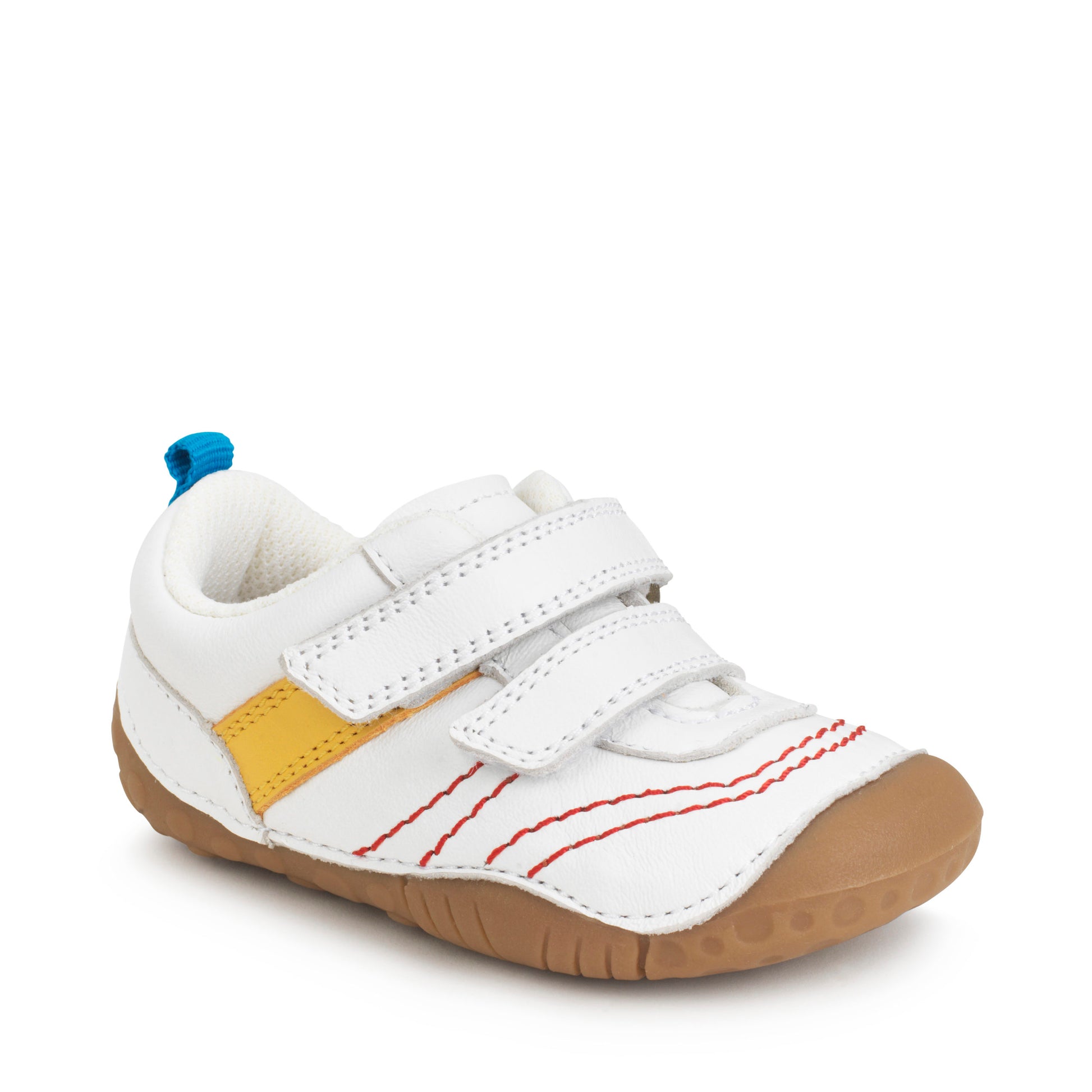 A boys pre-walker by Start-Rite, style Little Smile, white leather double velcro with yellow strip, red stitch detail and blue heel tab, light rubber sole with bumper. Angled view of right shoe.