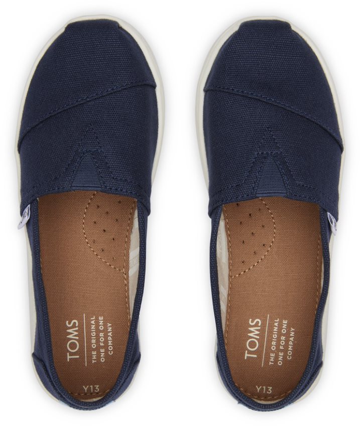 A unisex canvas shoe by TOMS, style Alpargata, a slip on in navy. Top view of a pair.