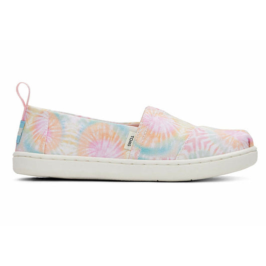 A girls canvas shoe by TOMS, style Alpargata, a slip on in Candy Pink Tie Dye. Right side view.