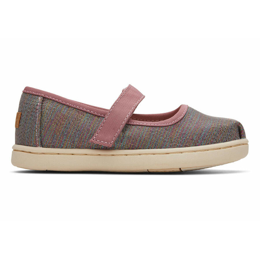 A girls canvas shoe by TOMS, style Mary Jane, in Raspberry multi twill glimmer, with a velcro strap. Right side view.