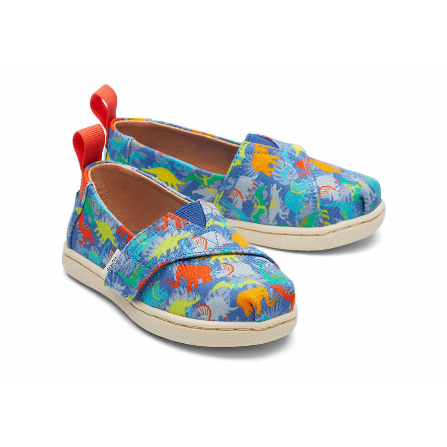 A boys canvas shoe by Toms, style Alpargata Dinos, in dinosaur print with velcro fastening. Top view of a pair.