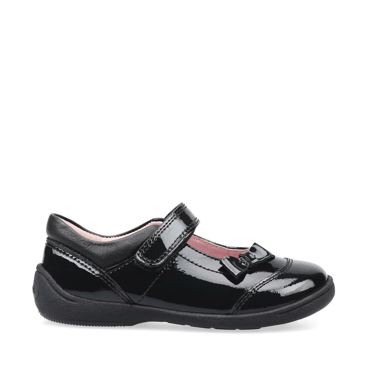 A girls pre school shoe by Start Rite, style Twizzle, in black patent with velcro fastening. Right side view.