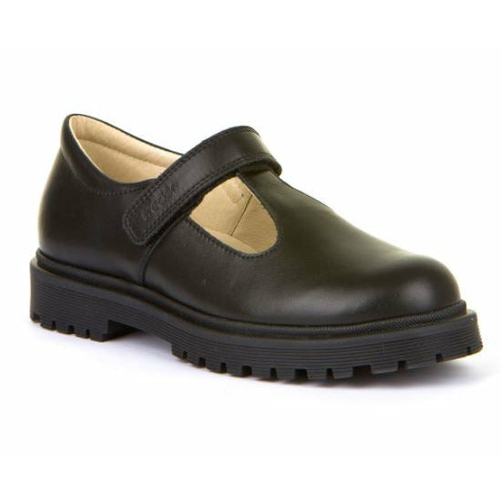 A girls T Bar school shoe by Froddo, style Lea T, in black leather with velcro fastening. Angled view.