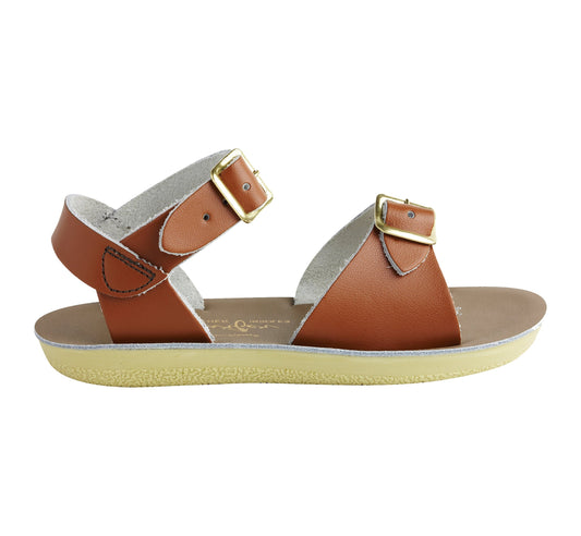 A unisex sandal by Salt Water Sandals in tan with double buckle fastening across the instep and around the ankle. Open Toe and Sling-back. Right Side view.