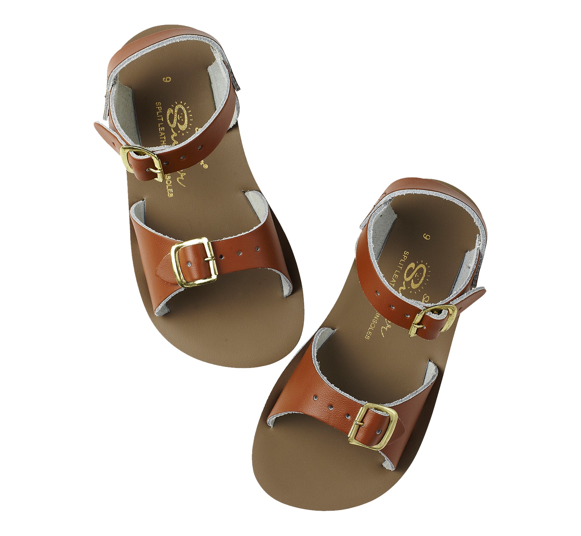 A unisex sandal by Salt Water Sandals in tan with double buckle fastening across the instep and around the ankle. Open Toe and Sling-back. Top view.