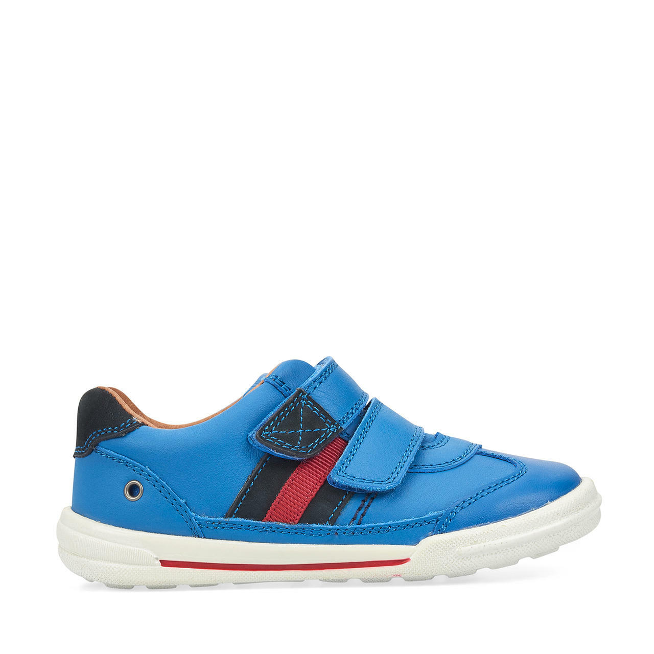 A boys casual shoe by Start Rite, style Seesaw, in blue and red leather with double velcro fastening. Right side view.