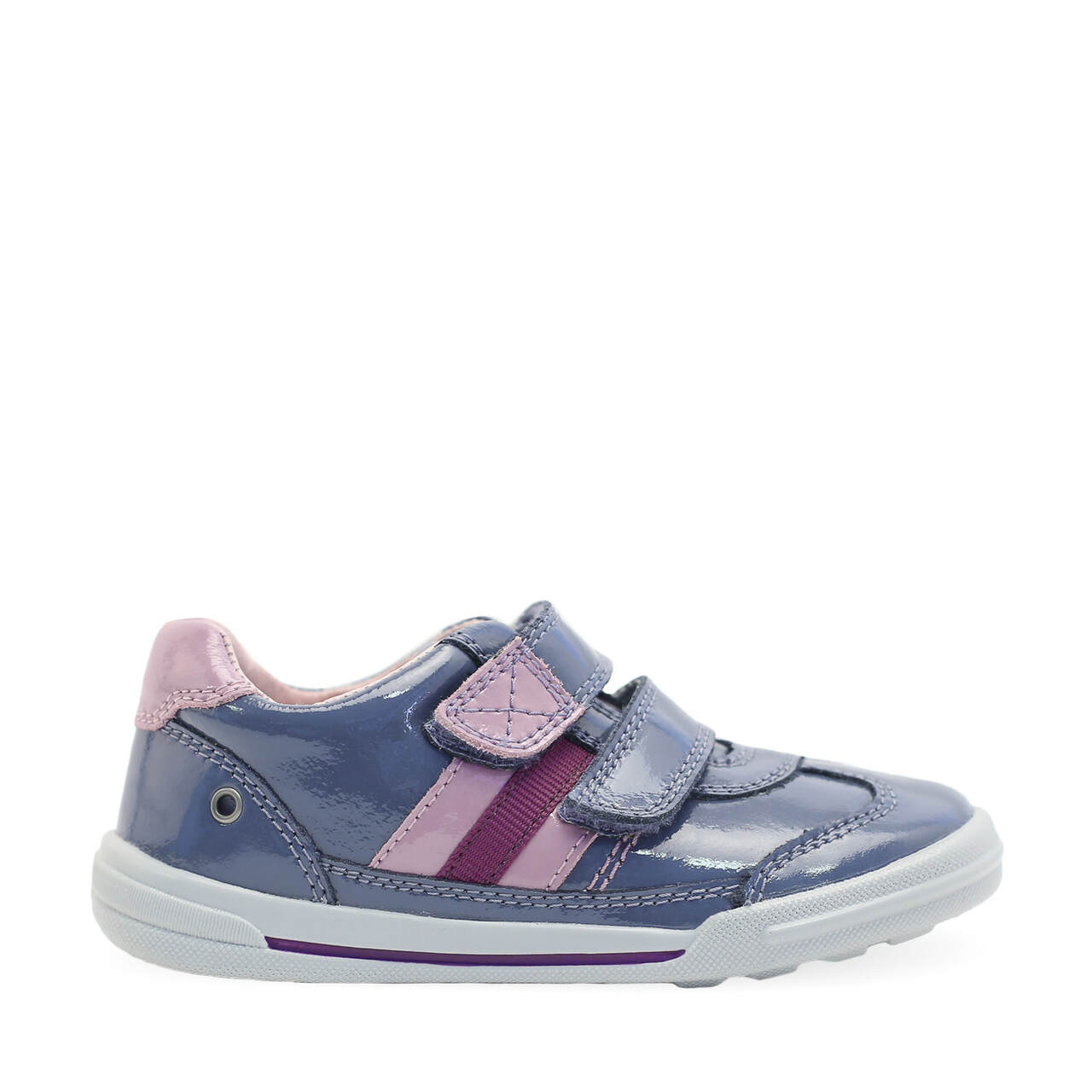 A girls casual shoe by Start Rite, style Seesaw, in blue and purple patent leather with double velcro fastening. Right side view.