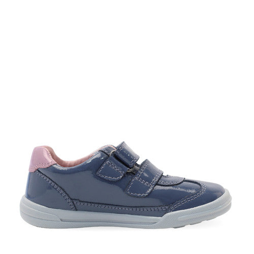 A girls casual shoe by Start Rite, style Seesaw, in blue and purple patent leather with double velcro fastening. Inner side view.