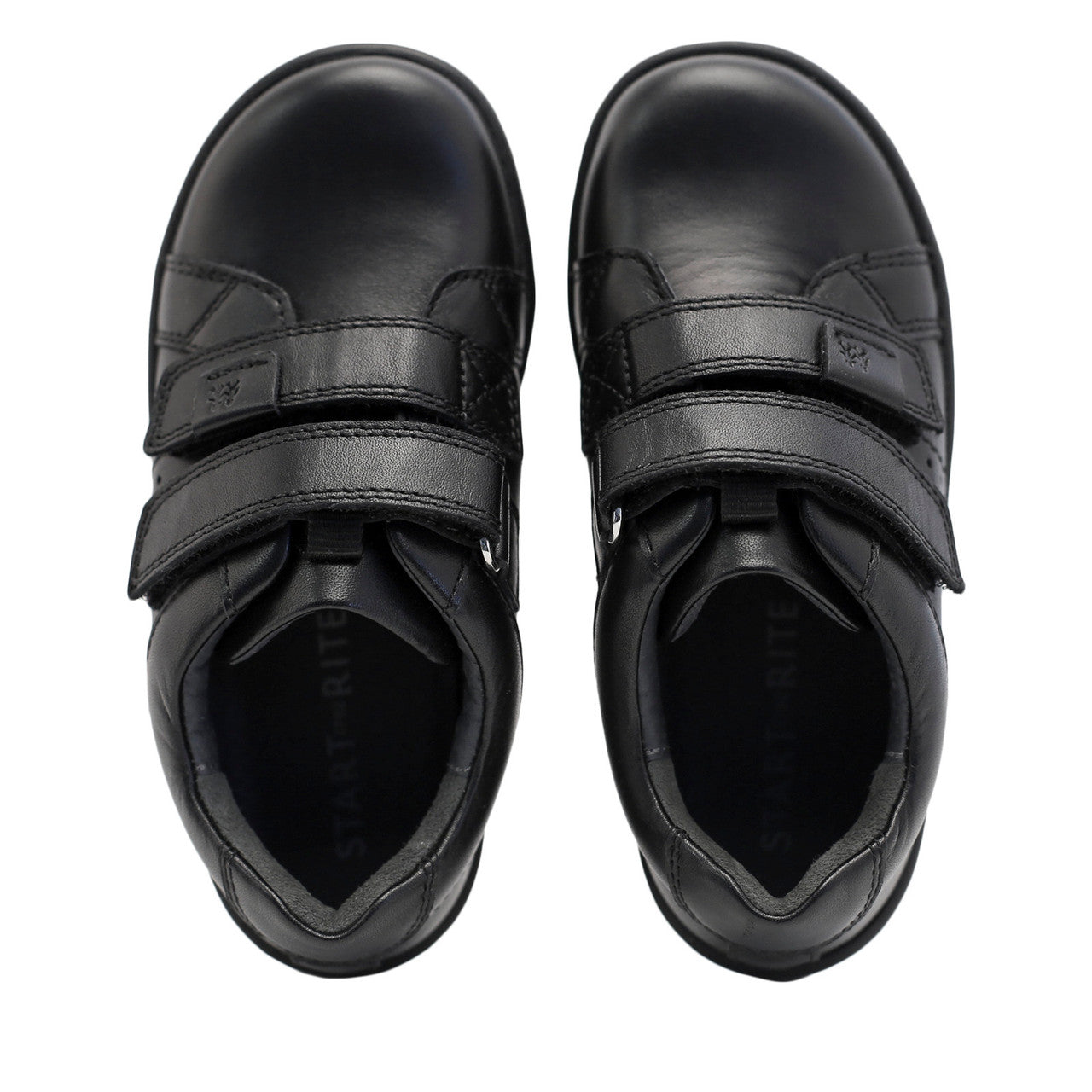 A pair of boys casual school shoes by Start Rite, style Explore, in black leather with double velcro fastening. Above view.