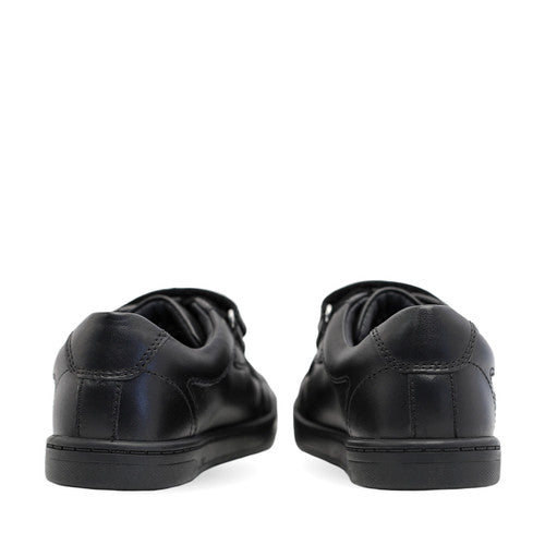 A pair of boys casual school shoes by Start Rite, style Explore, in black leather with double velcro fastening. Back view.