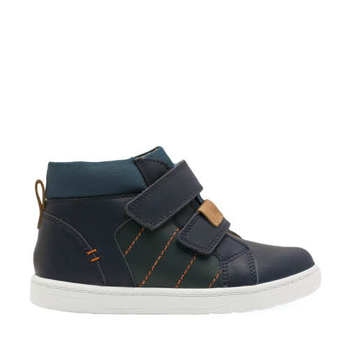 A boys casual boot by Start-Rite, style Discover, in navy leather with white sole and double velcro fastening. Right side view.