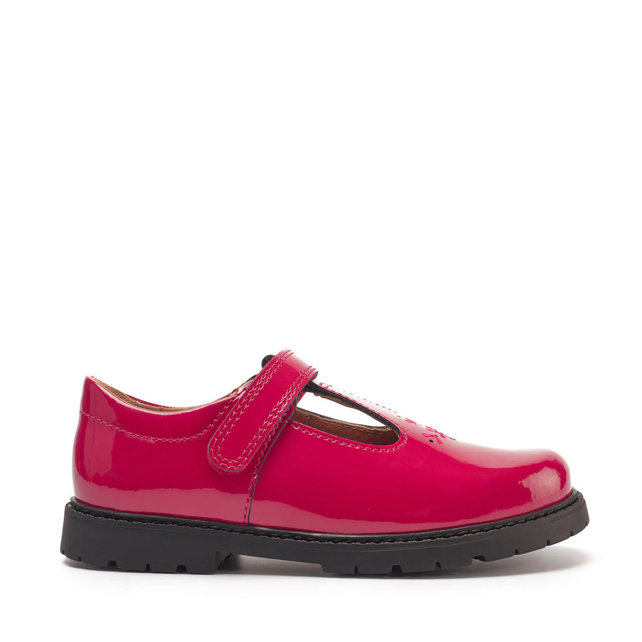 A girls T-Bar shoe by Start-Rite, style Liberty, in red patent with velcro fastening. Right side view.