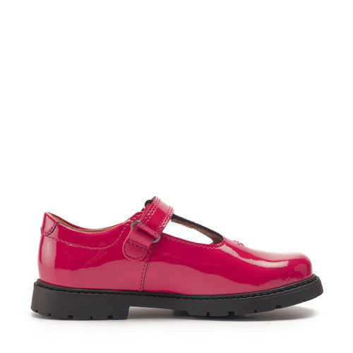 A girls T-Bar shoe by Start-Rite, style Liberty, in red patent with velcro fastening. Inner view.