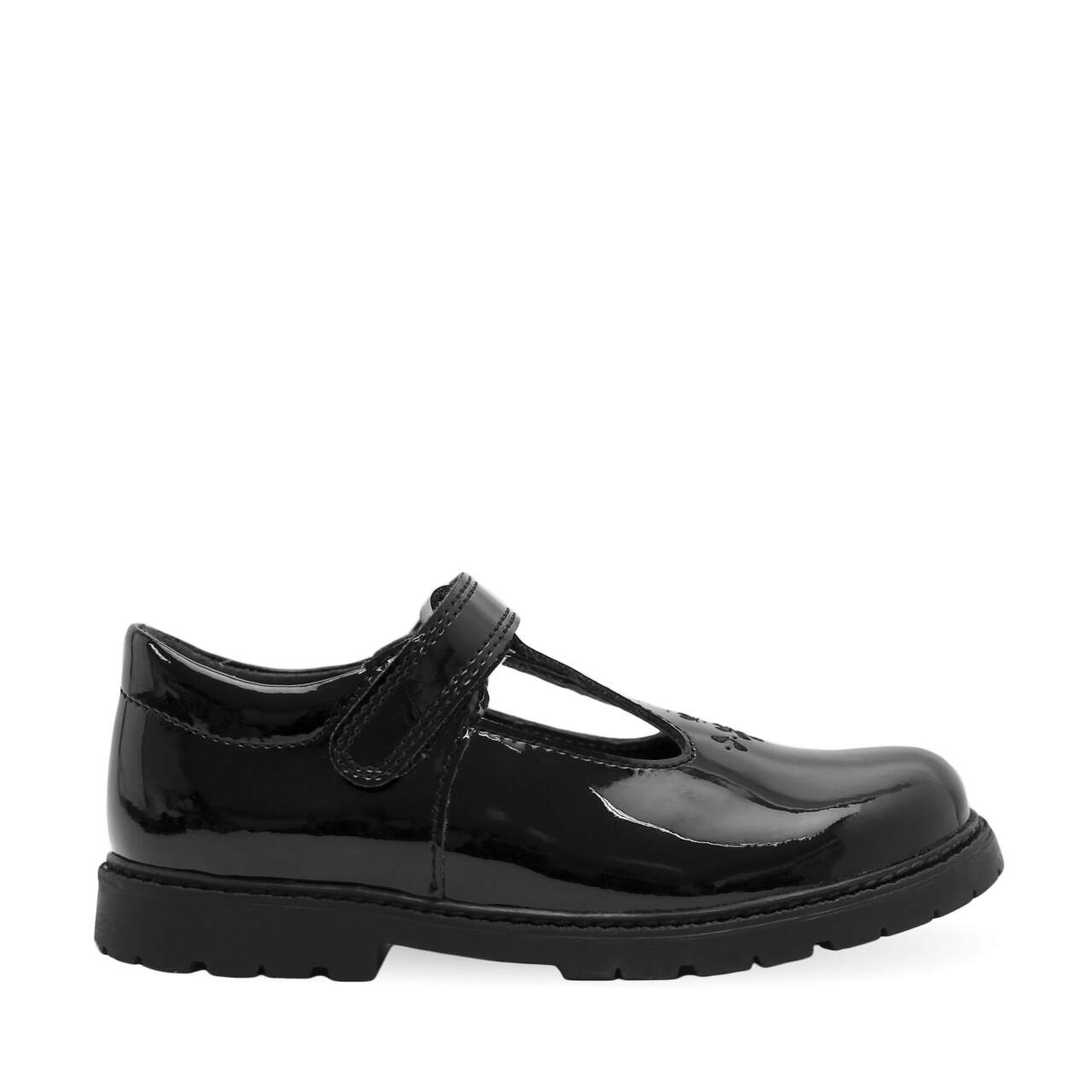 A girls school shoe by Start Rite, style Liberty, in black patent with velcro fastening. Right side view.