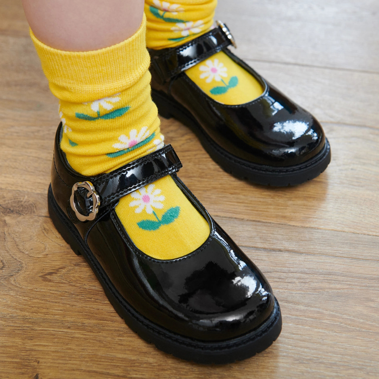 little girl wearing Start-Rite Destiny, a Black patent girls mary-jane velcro fastening pre-school shoes