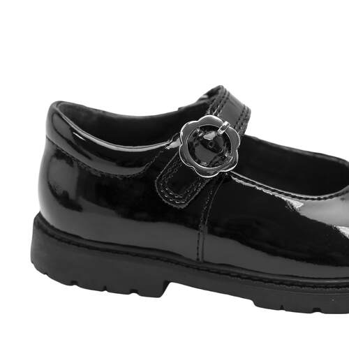 Start-Rite Destiny, a Black patent girls mary-jane velcro fastening pre-school shoe showing flower buckle close