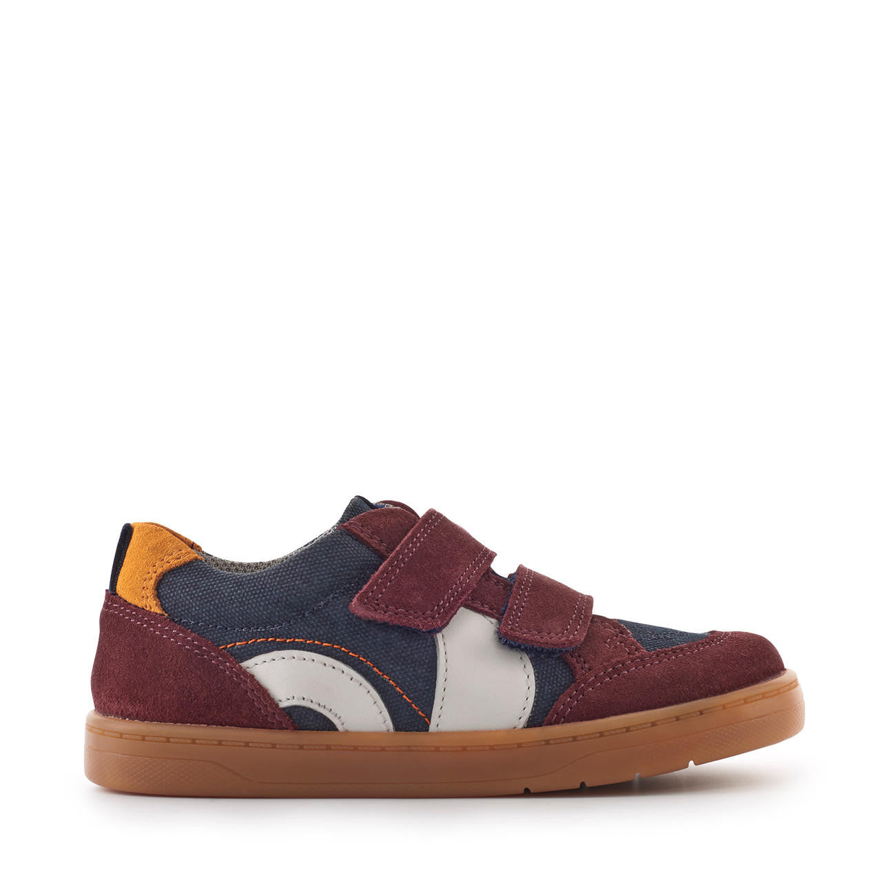 A boys casual shoe by Start-Rite, style is Enigma in wine and navy suede and canvas with double velcro fastening. Right side view.