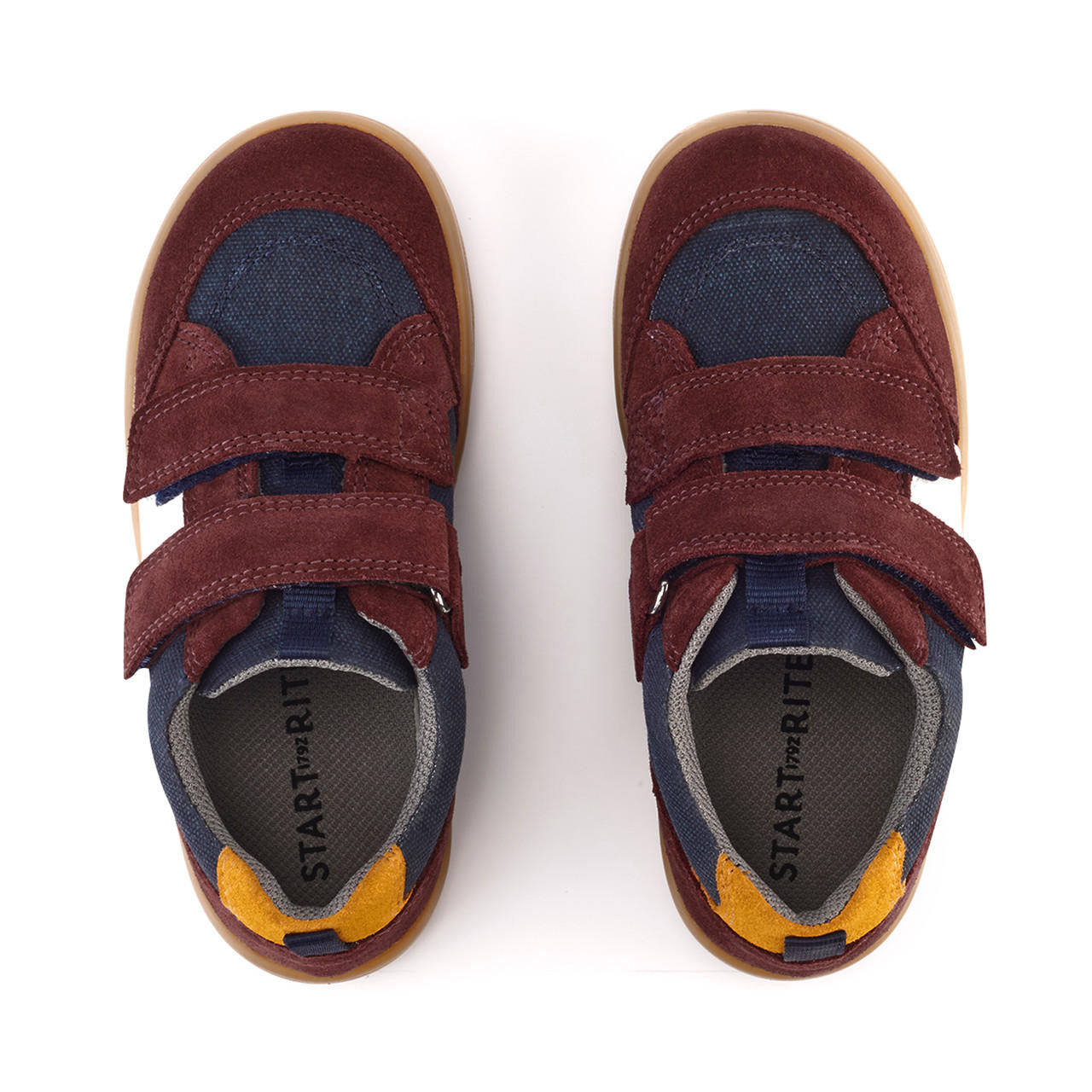 A boys casual shoe by Start-Rite, style is Enigma in wine and navy suede and canvas with double velcro fastening. Top view of a pair.