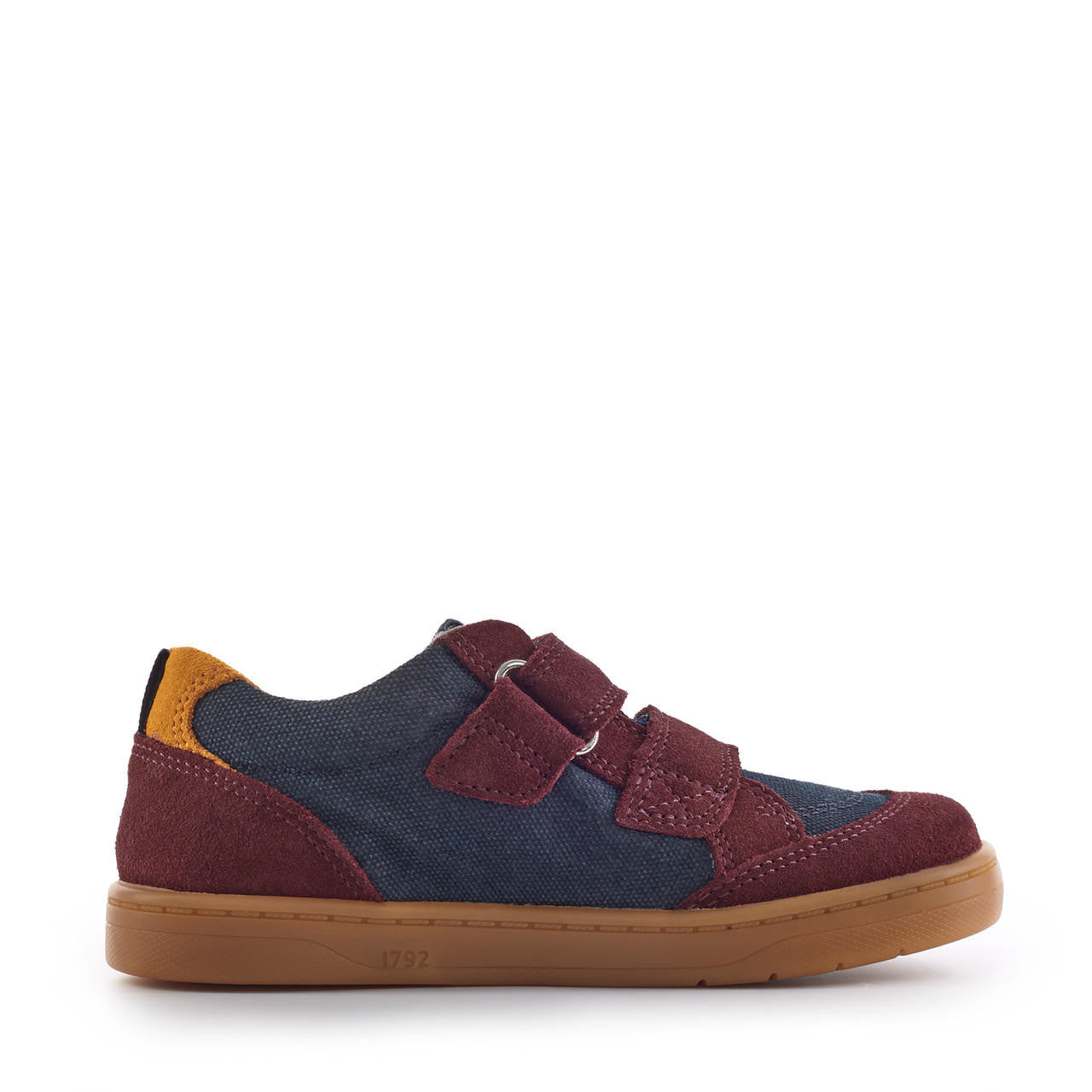 A boys casual shoe by Start-Rite, style is Enigma in wine and navy suede and canvas with double velcro fastening. Left side view.r.