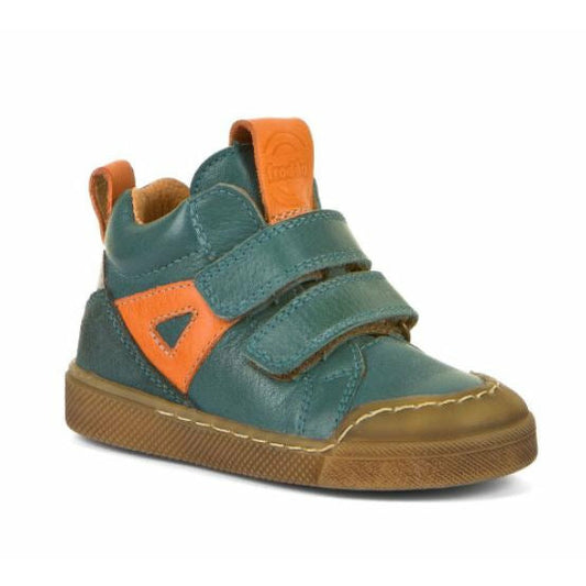 A boys casual boot by Froddo, style Rosario, in teal and orange leather with double velcro fastening. Angled view.