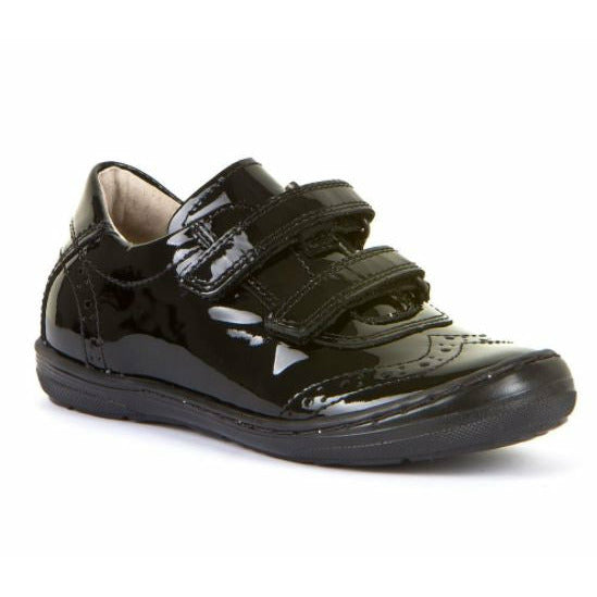 A girls school shoe by Froddo, style Mia D, in black patent with double velcro fastening. Angled view.