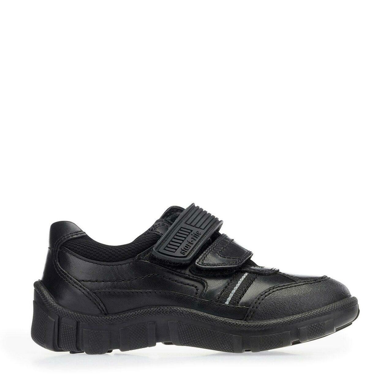 A boys school shoe by Start Rite,style Luke, in black leather with double velcro fastening. Right side view.