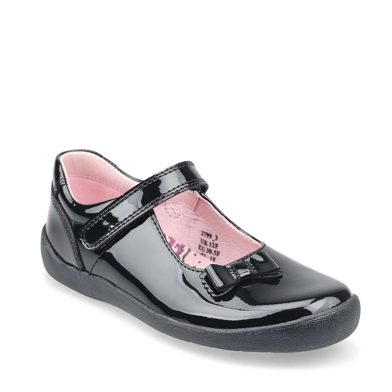 A girls Mary Jane school shoe by Start Rite, style Giggle, in black patent with velcro fastening. Angled view.