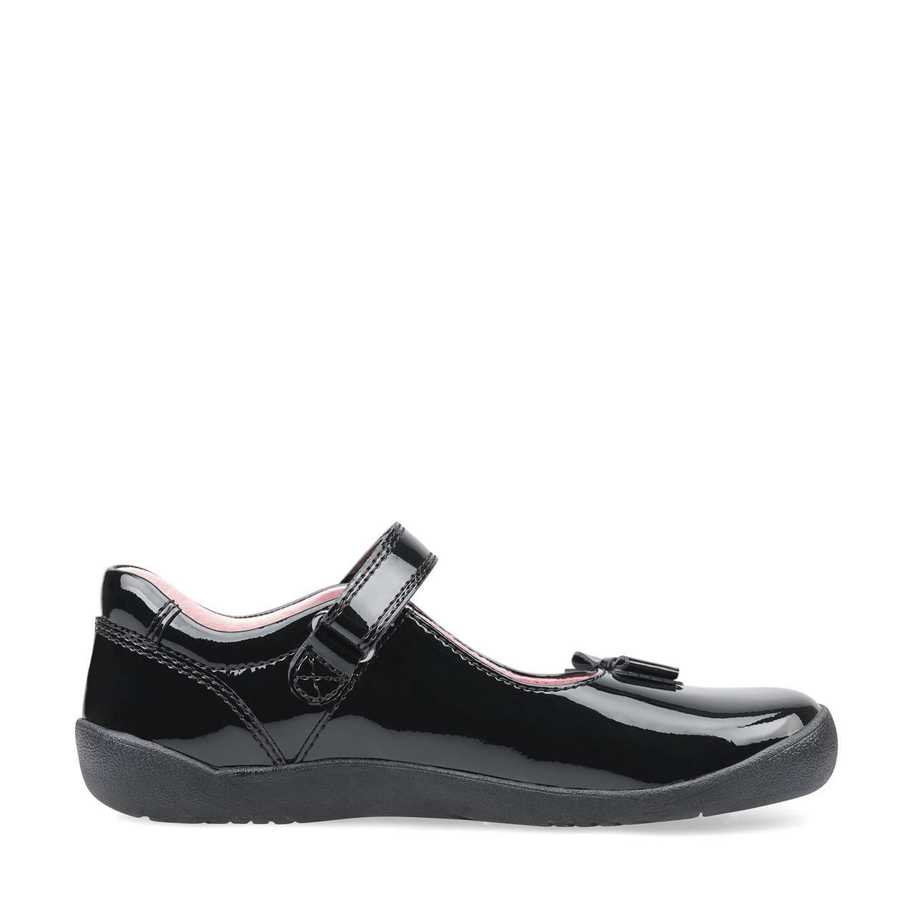 A girls Mary Jane school shoe by Start Rite, style Giggle, in black patent with velcro fastening. Inner side view.