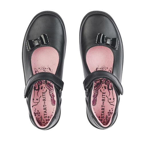 A pair of girls Mary Jane school shoes by Start Rite, style Giggle, in black leather with velcro fastening. Above view.